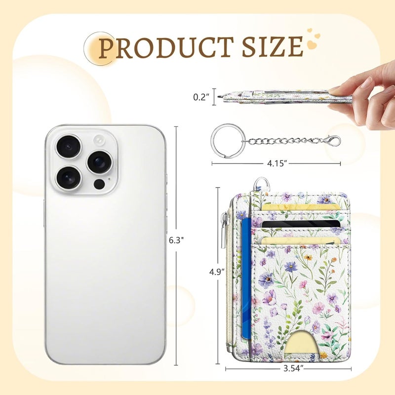 Kelvoris Flowers Credit Card Holder Small Wallet Women, Floral Slim RFID Blocking Wallet Woman Keychain with Zipper Coin Pocket, Front Pocket Thin Travel Card Case Organizer with ID Window Ladies Gift - Image 5